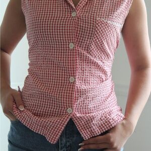 Red and White Gingham Sleeveless Blouse